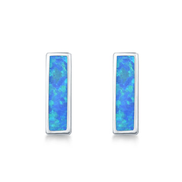 Bar Stud Earrings Lab Created Blue Opal 925 Sterling Silver